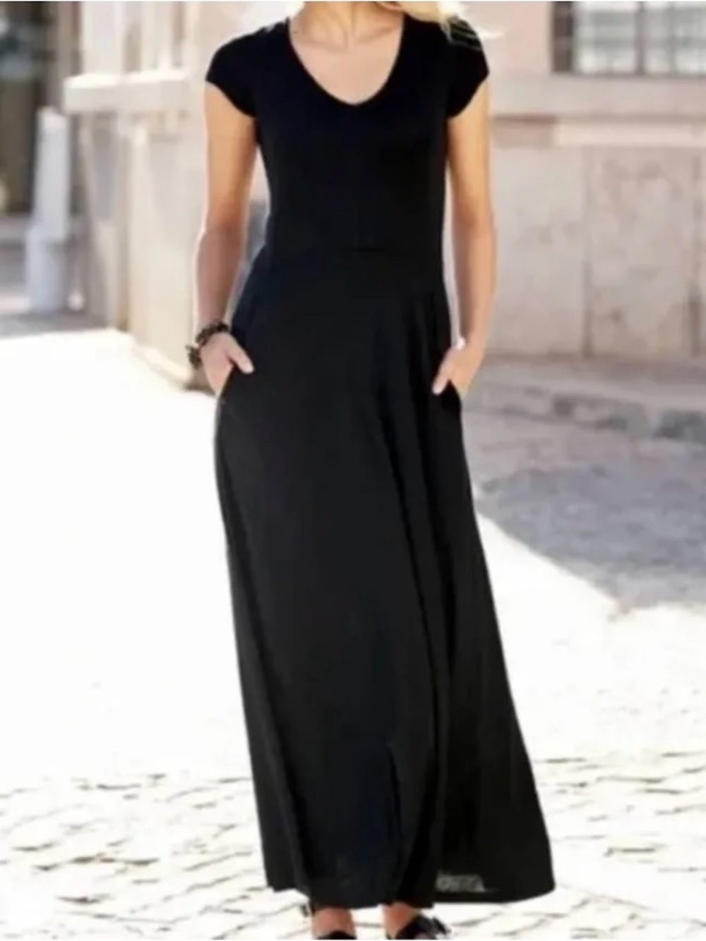 Peruvian Connection Hannah Pima Cotton Black Maxi Dress Size M Pockets Lagenlook